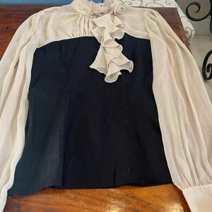 Charlotte Russe Black and Cream Long-Sleeve Ruffle Blouse